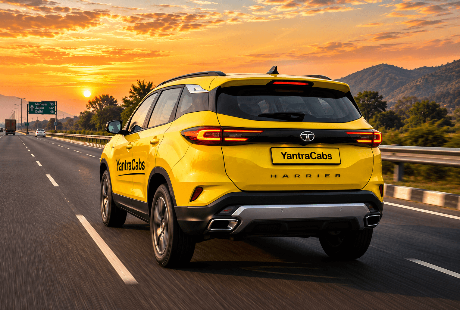 A yellow YantraCabs Tata Harrier on a highway